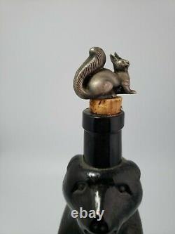 Antique Rare Russian Black Glass Bear Bottle With Pewter Stopper. A15