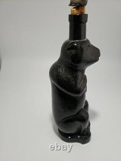 Antique Rare Russian Black Glass Bear Bottle With Pewter Stopper. A15