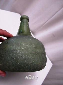 Antique Squat Dutch Onion Bottle Black Glass Pontil Scar 17Th Century Wine Rare