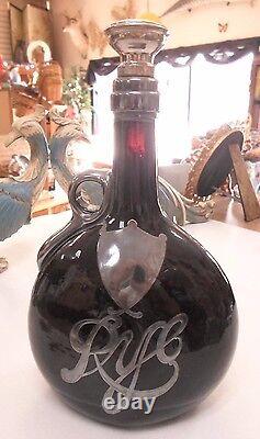 Antique Sterling Overlay RYE Bottle Dark RED Germany