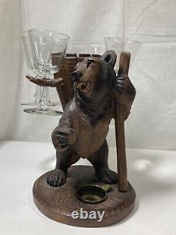 Antique Swiss Black Forest Wood Carved Bear Large Bottle & Glass Holder Brienz