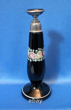 Antique ViCTORiAN Czech BLACK GLASS PERFUME BOTTLE Hand Painted Enamel Flowers