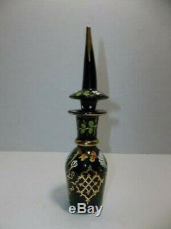 Antique Victorian BOHEMIAN Czech Glass Perfume Bottle BLACK Gold Gilt HP