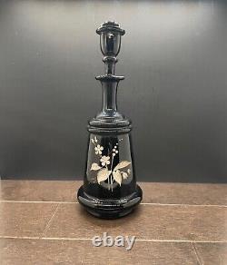 Antique Victorian Black Glass Hand Blown and painted Perfume Bottle with Stopper