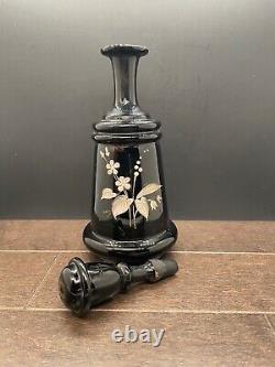 Antique Victorian Black Glass Hand Blown and painted Perfume Bottle with Stopper