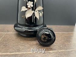 Antique Victorian Black Glass Hand Blown and painted Perfume Bottle with Stopper