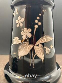 Antique Victorian Black Glass Hand Blown and painted Perfume Bottle with Stopper