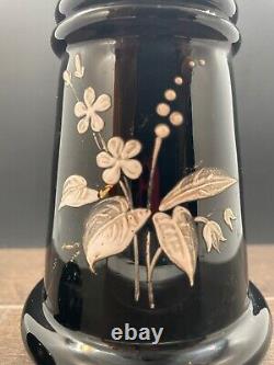 Antique Victorian Black Glass Hand Blown and painted Perfume Bottle with Stopper