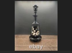 Antique Victorian Black Glass Hand Blown and painted Perfume Bottle with Stopper