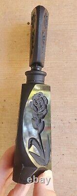 Antique Vintage Intaglio Glass BLACK Cut Etched 3D Floral PERFUME BOTTLE