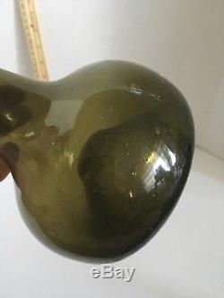 Antique green black blown glass onion bottle with applied lip 18th century