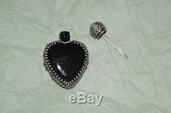 Antique heart perfume bottle silver filigree with black glass & blue flowers