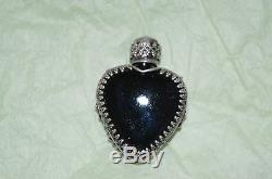 Antique heart perfume bottle silver filigree with black glass & blue flowers