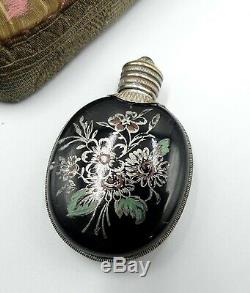 Antique silver tone black enamel perfume bottle