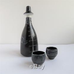 Arabia Finland Tarina Ceramic Bottle with 6 shot glasses, Snaps Mid-Century Mod
