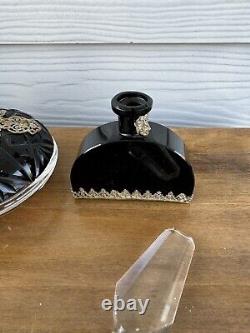 Art Deco Black CZECH GLASS Gilt Filigree Jeweled Powder Box SCHMIDT NEIGER