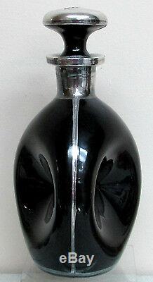 Art Deco Black Glass Pinch Bottle With Silver Overlay