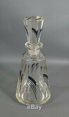 Art Deco Bohemian Czech Glass Black Enamel Decanter Bottle Cup Set Karl Palda