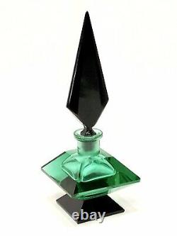 Art Deco Czech Hoffman Cut Green and Black Crystal Perfume Bottle
