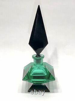 Art Deco Czech Hoffman Cut Green and Black Crystal Perfume Bottle