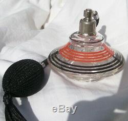 Art Deco Czech Red & Black Striped Glass Perfume Bottle new Bulb Signed