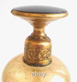 Art Deco DeVilbiss Perfume Bottle Gold Glass Black Enamel Top 5.5 inches Tall