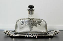 Art Deco Glass Perfume Bottle w Sterling Overlay on Black Lacquer Dresser Tray