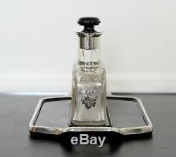 Art Deco Glass Perfume Bottle w Sterling Overlay on Black Lacquer Dresser Tray