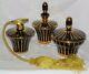 Art Deco Perfume Bottle Set Powder Jar Amethyst Black Glass Gold Bohemian Czech