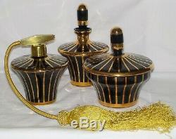 Art Deco Perfume Bottle Set Powder Jar Amethyst Black Glass Gold Bohemian Czech