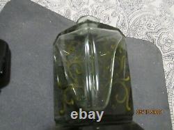 Art Deco Smoke/black Glass Perfume Bottle With Gold Design On Front Of Bottle