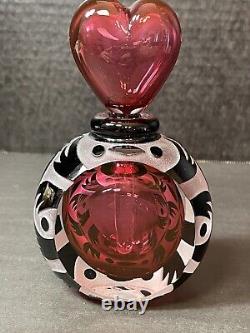 Art Glass Perfume Bottle 1999 Antonio Garcia Red Heart Frosted Black Pattern