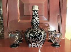Art Nouveau Stag Silver Overlay Old Black Bottle w 4 Matching Glasses c. 1910-20