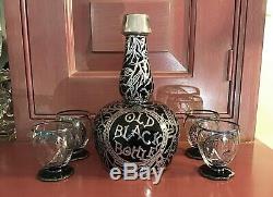 Art Nouveau Stag Silver Overlay Old Black Bottle w 4 Matching Glasses c. 1910-20