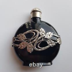 Art Nouveau style black glass perfume bottle silver decoration 8cm European VTG