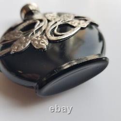 Art Nouveau style black glass perfume bottle silver decoration 8cm European VTG