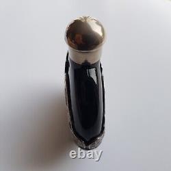 Art Nouveau style black glass perfume bottle silver decoration 8cm European VTG