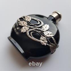 Art Nouveau style black glass perfume bottle silver decoration 8cm European VTG