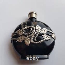 Art Nouveau style black glass perfume bottle silver decoration 8cm European VTG