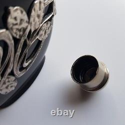 Art Nouveau style black glass perfume bottle silver decoration 8cm European VTG