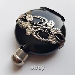 Art Nouveau style black glass perfume bottle silver decoration 8cm European VTG