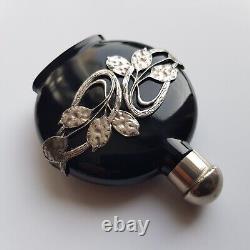 Art Nouveau style black glass perfume bottle silver decoration 8cm European VTG