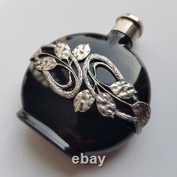 Art Nouveau style black glass perfume bottle silver decoration 8cm European VTG