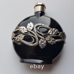 Art Nouveau style black glass perfume bottle silver decoration 8cm European VTG