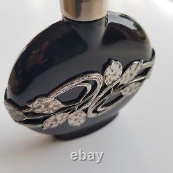 Art Nouveau style black glass perfume bottle silver decoration 8cm European VTG