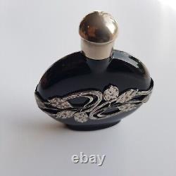 Art Nouveau style black glass perfume bottle silver decoration 8cm European VTG