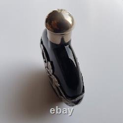 Art Nouveau style black glass perfume bottle silver decoration 8cm European VTG