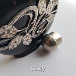 Art Nouveau style black glass perfume bottle silver decoration 8cm European VTG