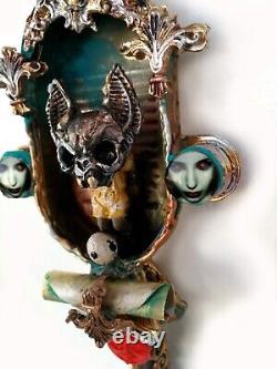Art assemblage original sculpture mixed media collage surrealist animals vampire