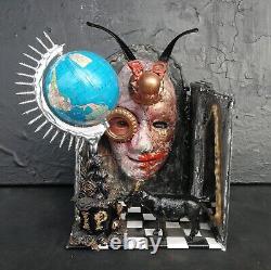 Assemblage art original sculpture mixed media collage animal black goat globe